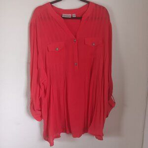 Avenue Women's Plus Size Red Blouse 30/32 Rayon & Polyester Long Sleeve Button F